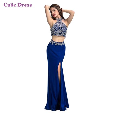 100 Real Pictures Long Sheath 2 Piece Royal Blue Prom Dresses 2016 Sexy Halter Long High Slit