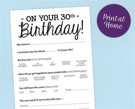 Funny 30th Birthday Party Game Card Printable Pdf Milestone Etsy