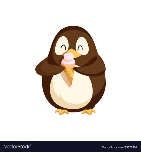 Penguin Happily Eating Ice Cream In Cone Vector Image