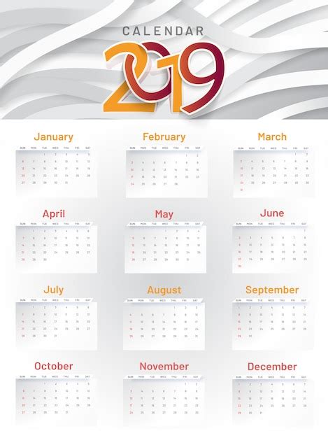 Premium Vector 2019 Yearly Calendar
