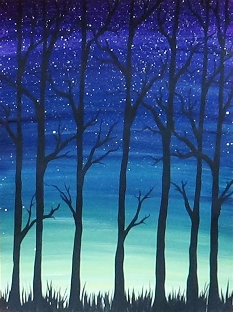 Acrylic Painting Simple Trees Silhouette
