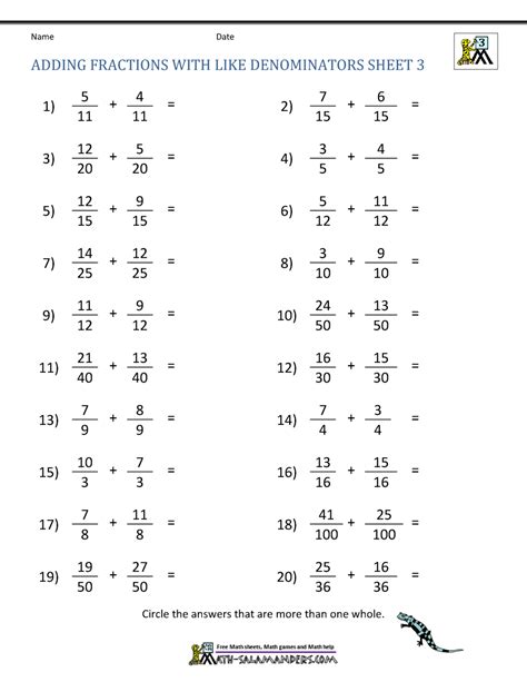 Addition Of Fractions Whole Numbers With Like Denominators 3numbers Worksheets