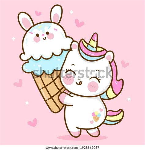 Cute Unicorn Vector Eat Bunny Icecream Cone Sweet Dessert Pastel Color