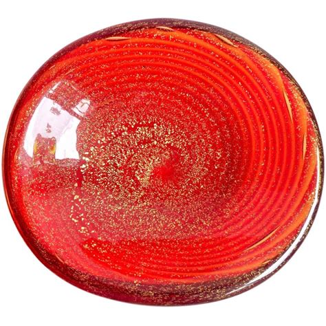 Murano Red Swirl Gold Flecks Italian Art Glass Decorative Oval Bowl Dish At 1stdibs