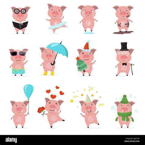 Cute Piggy Characters Flat Set For Web Design Cartoon Funny Little
