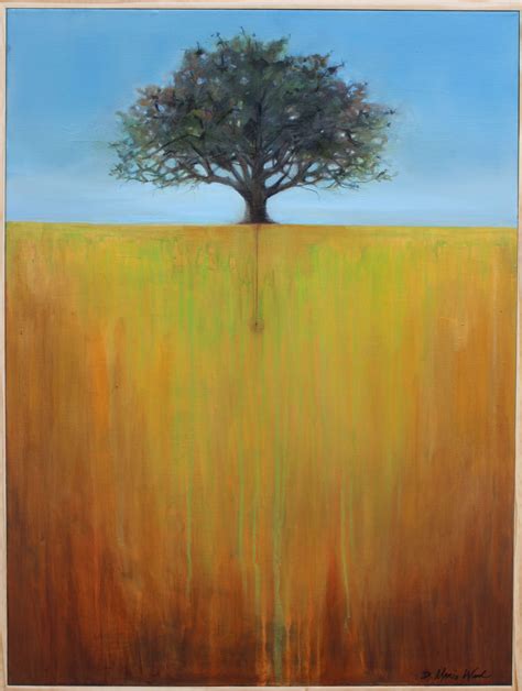 A Painting Of A Tree In The Middle Of A Field With Yellow Grass And