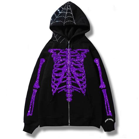 Y2k Rhinestone Skeleton Zip Up Hoodie Streetwear Fashion
