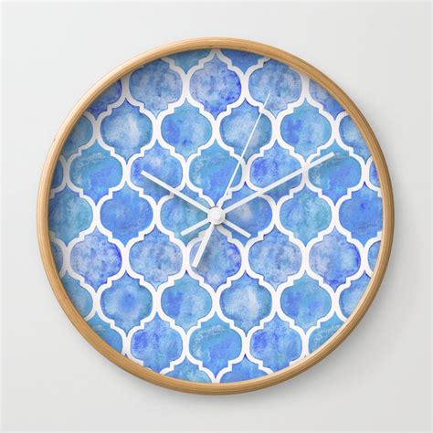 Cornflower Blue Moroccan Hand Painted Watercolor Pattern Wall Clock By