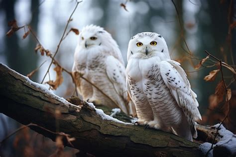 Premium Ai Image Pair Of Snowy Owls Perched On A Branch