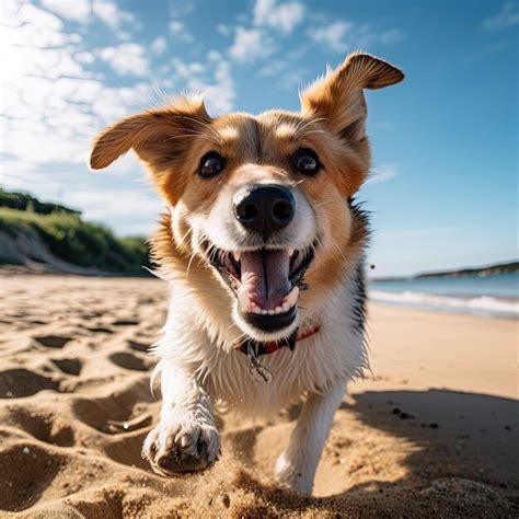 Premium Ai Image Cheerful Beautiful Dog Closeup Walks Runs Along The