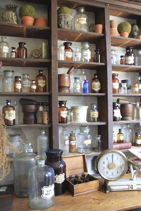 Old Pharmacy Bottles Shelving Vintage Antique Apothecary Decor