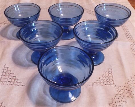 Set Of 6 Cobalt Blue Glass Sherbet Dishes Cups Hazel Atlas Moderntone 3