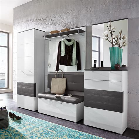 Modernes kontrastdesign für den flur. Garderobenset Reno Garderobe Schrank Bank Spiegel in weiß Hochglanz und grau | eBay