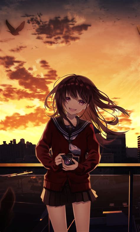 Smiling Anime Girl Taking Photographs Cityscape 4k Hd