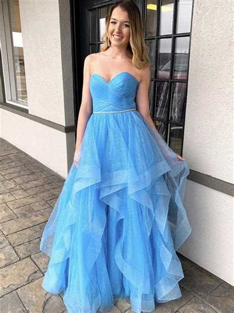 Sweetheart Neck Light Blue Long Prom Dresses Shiny Blue Formal Evenin