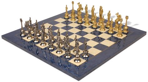 Napoleon Theme Chess Set Brass And Nickel Pieces With Blue Ash Burl Chess
