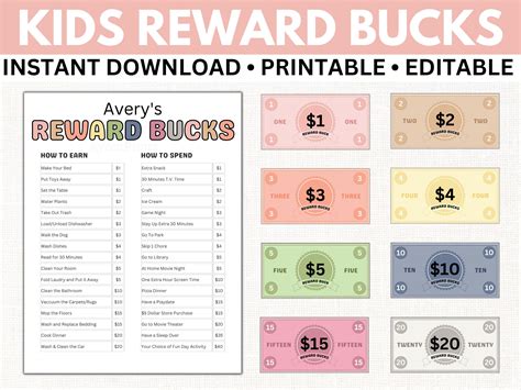 Editable Kids Reward Bucks PRINTABLE Reward Chart for Kids Reward