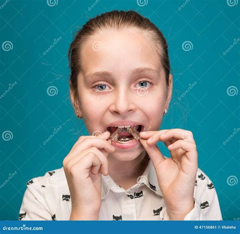 Happy Girl Holding Dental Braces Stock Image Image Of Care Cure