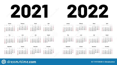 Calendar For 2021 And 2022 Year Week Starts On Sunday Stock Vector
