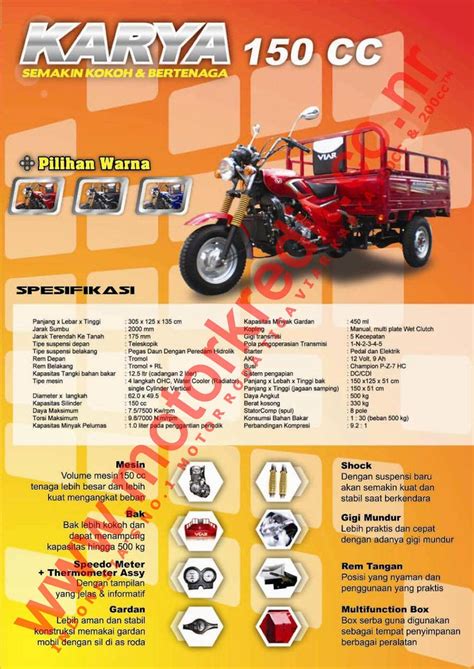 Motor roda tiga ini biasanya digunakan oleh masyarakat untuk berdagang sayur, mengangkut kebutuhan pokok, atau para penjual alat dan bahan bangunan, meskipun kapasitasnya tidak sebesar mobil bak atau pick up tetapi motor 3 roda ini setidaknya mampu membantu dengan baik kebutuhan. Sale : MOTOR RODA TIGA VIAR Karya 150CC (Viar Karya 150CC ...