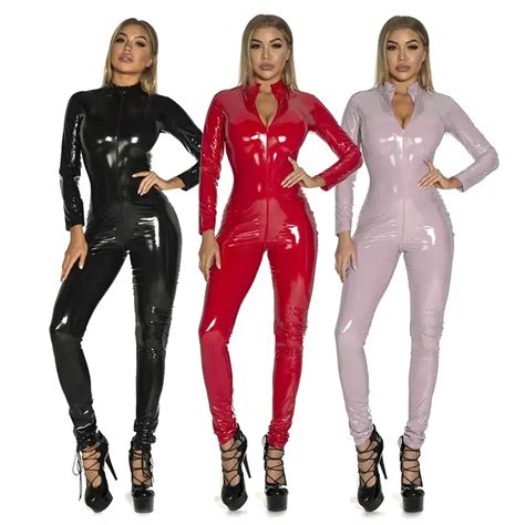 Sexy Hete Vrouwen Faux Lederen Catsuit Pvc Latex Bodysuit Voorkant Rits Open Kruis Jumpsuits