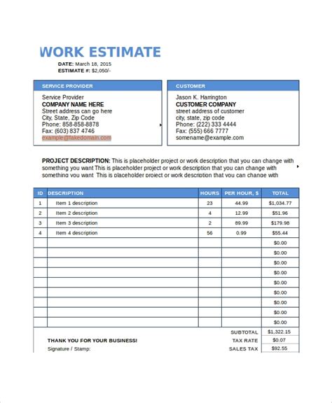 Free Sample Work Estimate Templates In Pdf Ms Word Excel