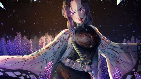 Demon Slayer Shinobu Kochou Standing Around Purple Flowers With