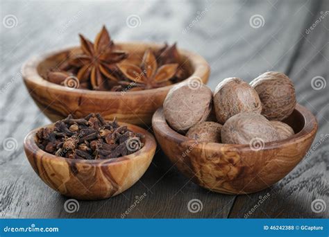 Anise Stars Cloves And Nutmeg On Oak Table Stock Photo Image Of