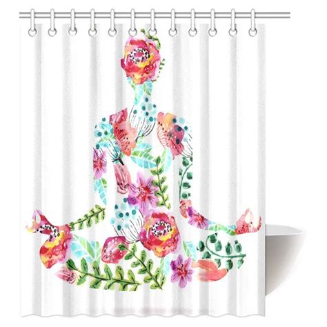 Aplysia Yoga Decor Shower Curtain Colorful Yoga Pose And Lotus Floral Human Leaf Meditating