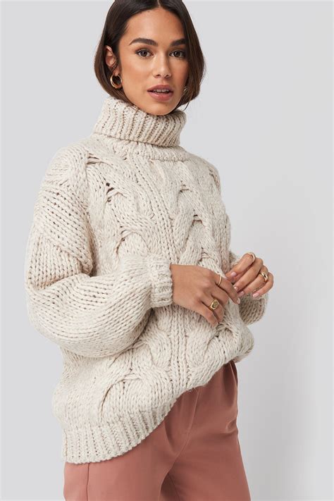 Wool Blend High Neck Heavy Cable Knitted Sweater White Na
