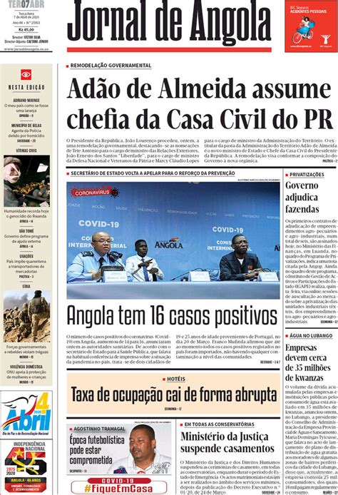 Capa Jornal De Angola De 2020 04 07