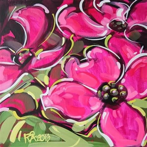 A Painting Of Pink Flowers With Green Leaves