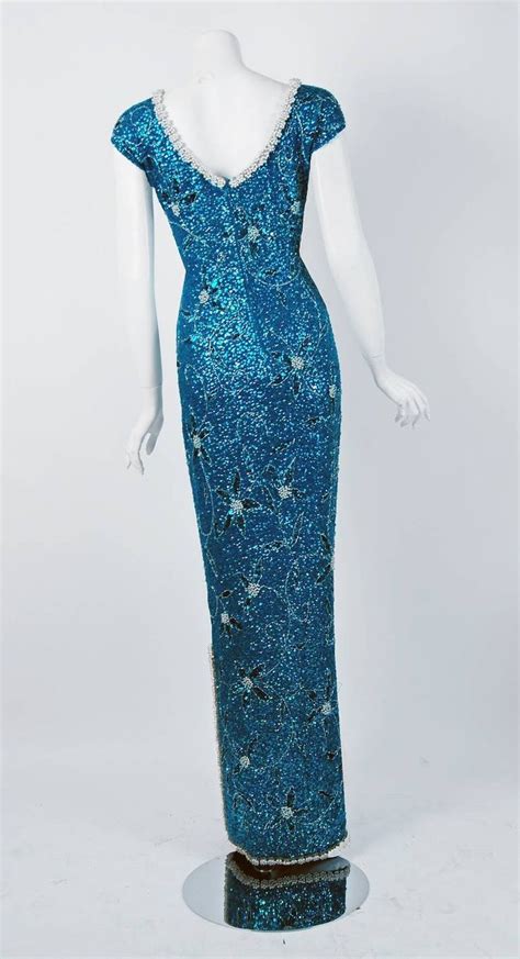 1950s Gene Shelly Beaded Sequin Royal Blue Wool Knit Hourglass Evening