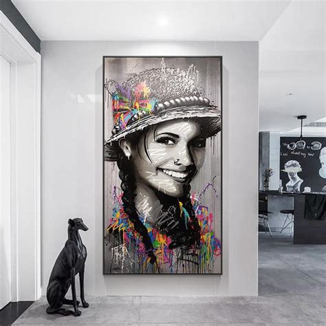 Happy Girl Hat Canvas Wall Art Prints For Home Decor Graffiti Style No