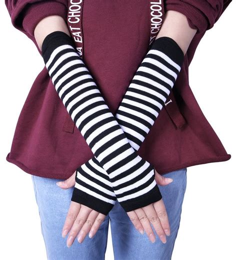 Emo Striped Arm Warmers Striped Fingerless Gloves Black And Etsy
