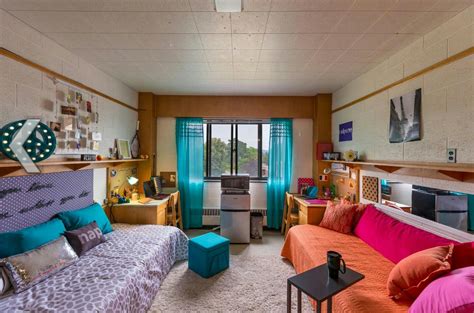 Each college dorm should provide basic furnishings like a bed, a mattress, closet, a mirror, a student desk, a small table, a shelf, and blinds for windows. Keuka College Dorm | College dorm rooms, College house ...