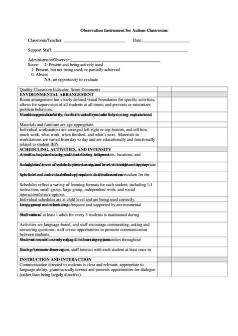 Observation Instrument For Autism Classrooms Printable Pdf Download