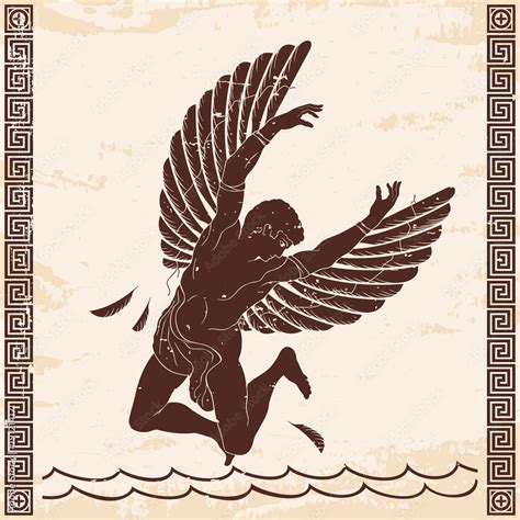 The Hero Of The Ancient Greek Myth Icarus With Wings Falls Into The Ocean Old Beige Paper With