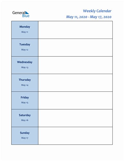 Weekly Calendar With Monday Start For Week 20 May 11 2020 To May 17