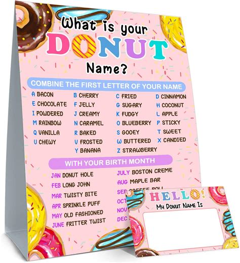 What Is Your Donut Name Game Game Sign And 30 Cards Donut