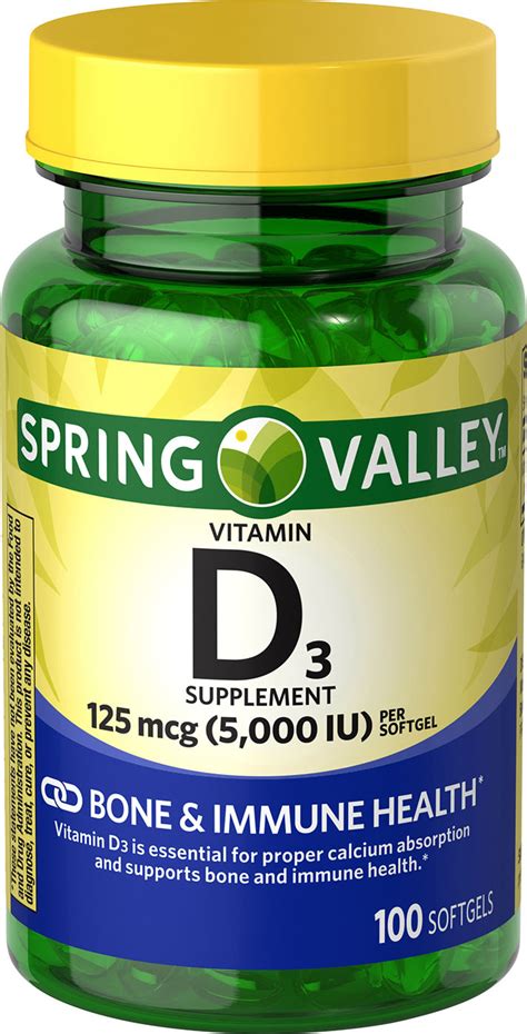 Vitamin d supplements are known to have significant immune system boosting powers, the ability to aid in cell growth, to reduce the risk of. Spring Valley Vitamin D3 Softgels, 5000 IU, 100 Count ...