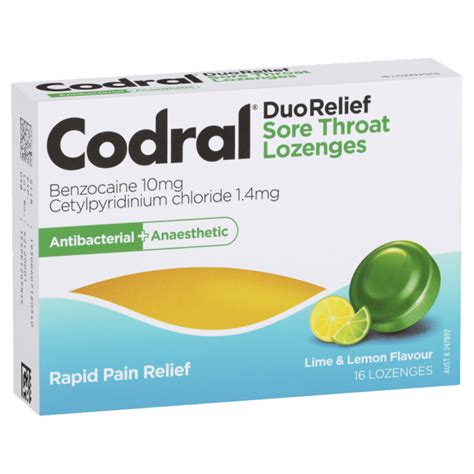 Codral Sore Throat Lozenges Antibacterial Anaesthetic 16 Pack Lime