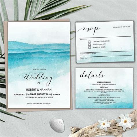 Beach Wedding Invitation Template Set Printable Blue Etsy Ocean