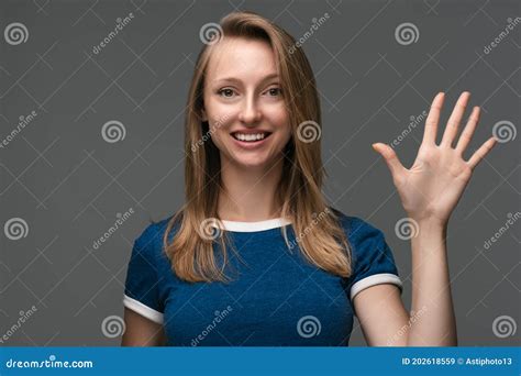 Attractive Cheerful Friendly Girl Waving Raised Palm Human Emotions Facial Expression Concept