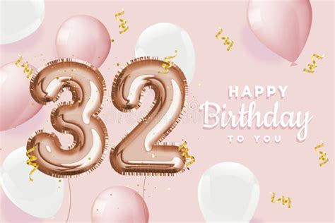 Happy 32th Birthday Gold Foil Balloon Greeting Background Stock Vector