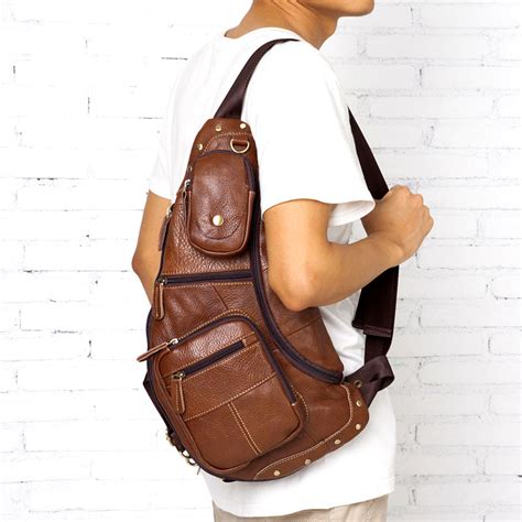 Brown Leather Mens Cool Large Sling Bags Light Brown Crossbody Pack Ch