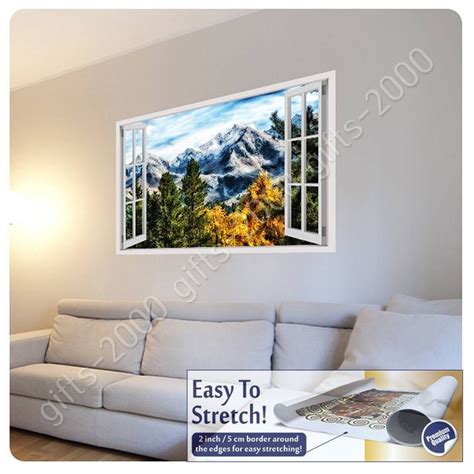 Mountains View In Trees By Fake 3d Window Canvas Rolled Wall Art