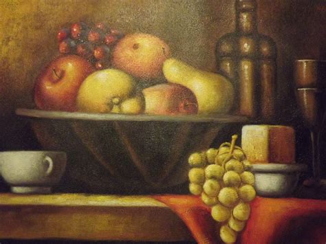 Still Life Fruit Bowl Wine Large Oil Painting Canvas Classic Original