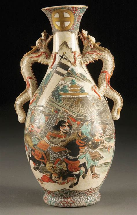 A Japanese Satsuma Porcelain Vase With Dragon Handles Th Century