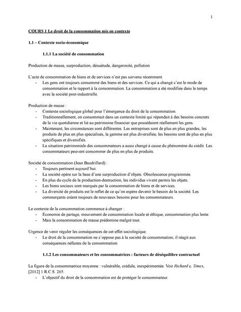 Notes De Cours Droit De La Consommation COURS 1 Le Droit De La